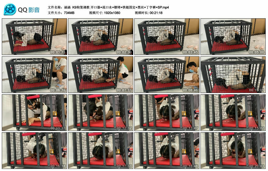 【涵涵】K9狗笼调教 开口器+流口水+镣铐+铁链固定+黑丝+丁字裤+SP_绳缚吧