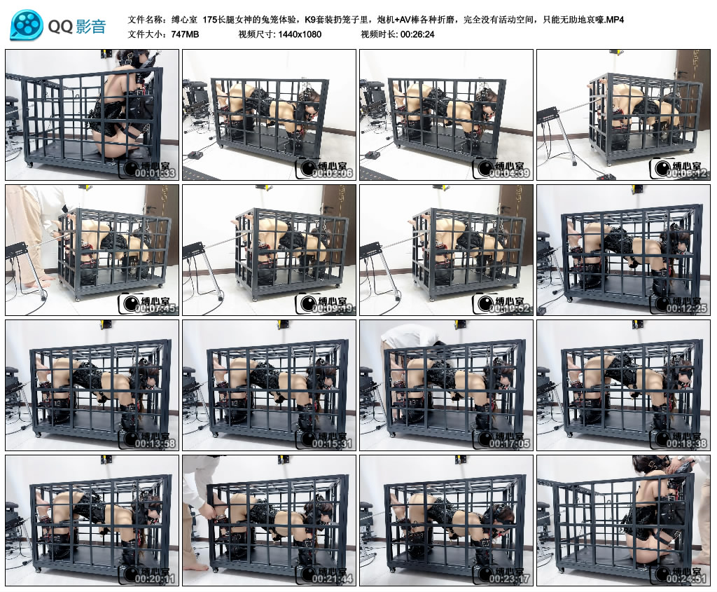 【缚心室】175长腿女神的兔笼体验，K9套装扔笼子里，炮机+AV棒各种折磨，完全没有活…_绳缚吧
