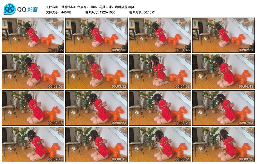 三流捆工-精神小妹红色旗袍，肉丝，马具口球，跪缚放置_绳缚吧